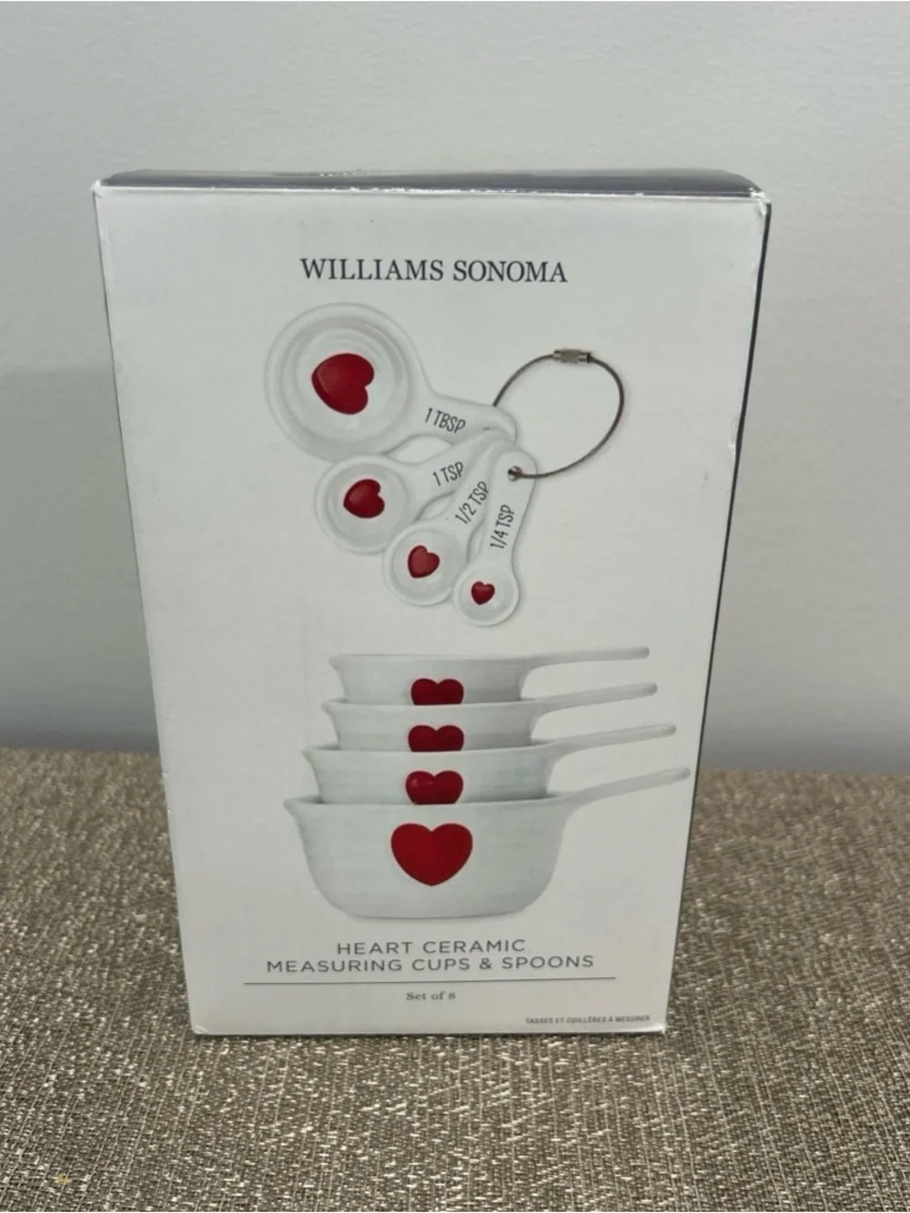 Williams Sonoma White Ceramic Measuring Cups & Spoons with Red Heart Accents!